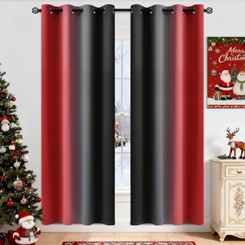 Yakamok Blackout Ombre Black and Red Curtains for Bedroom,Room Darkening Grommet Thermal Insulated Full Light Blocking Window Drapes/Curtains for Living Room(2 Panels, 52 x 72 Inch)
