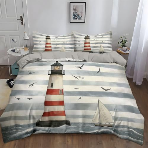 Grau Bettwäsche Set 135x200cm Gestreifter Leuchtturm Boot Vogel Bettbezug Set, Weich Antiallergen Bettbezüge mit 2 Kissenbezüge 80x80 cm, Reißverschluss Bettwäsche für Kinder Jugendliche Erwachsen