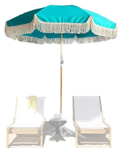 ZIUSFAC Grüner Terrassenschirm, 2m Fransen Sonnenschirm Strandschirm Für Außenbereich Neigung Balkonschirm Regenfester Marktschirm Mit Quaste(Brown Pole Green)