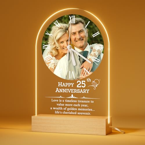 Bemaystar Personalised 25th Wedding Anniversary Photo Gifts - 1th Wedding Anniversary Clock Gifts, 10th-30th Anniversary Picture Frame for Couple Husband Wife Women, Personalised Desk Clock with Light