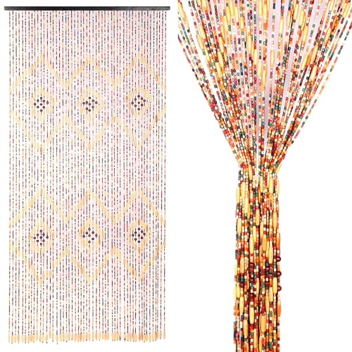 DFENG Bamboo Beaded Door Curtain,52 Strands Bead Curtains for Doorways,90x200cm Door Fly Screen Curtain Beaded,Handmade Divider Door Beads Curtains Window Decoration