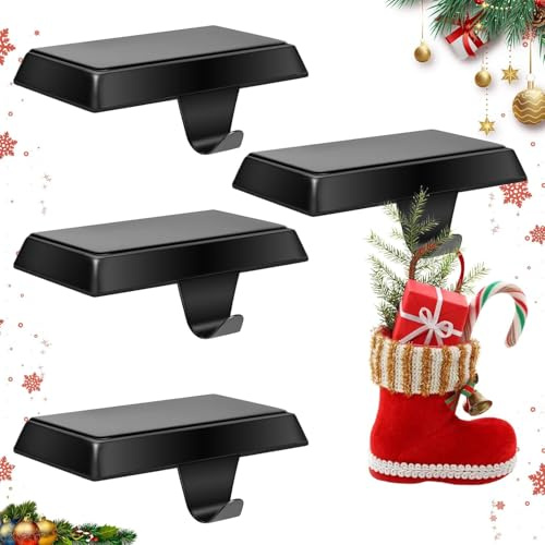LATERN 4 Stück Weihnachtsstrumpfhalter, Schwarz Metall Weihnachtsstrumpfaufhänger Rutschfest Geschenkhaken für Weihnachten Kamin Kaminsims Fenster Zuhause Weihnachts Ornamente Party Dekoration