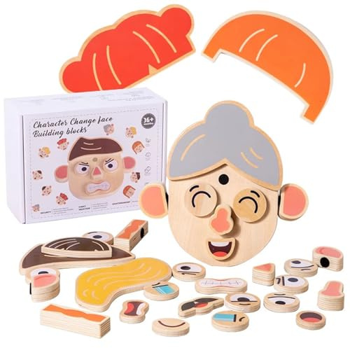 VZZCGJVT Montessori Tierfigur aus Holz DIY gesichtsverändernde Bausteine, Kreatives Puzzle,People