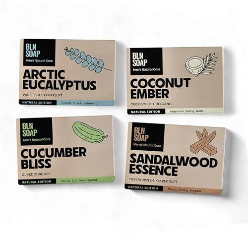 Männerseifen-Set Natural Edition: Feste Naturseifen für Männer, Geschenkset Herren, 3-in-1 Duschseife für Hand, Körper und Haare, Shampoo Mann, Festes Duschgel, Seife Vegan, 4 x 135 g, BLN SOAP