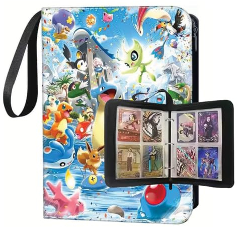Raccoglitore per carte collezionabili con cerniera, 4 tasche, 50 pagine, capacità 200 carte, album in poliuretano a 3 anelli con cinturino da polso, opera d'arte colorata