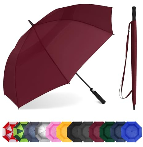 SoulRain 62 Inch Arc Umbrella Double Layer Vented Big Windproof Waterproof Umbrellas,Automatic Open Golf Umbrella for Men and Women and Family(Wine)