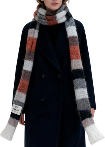 Gestreifter Strickschal, bunt, schmal, Rundhalsausschnitt, modisch, langgestreift, kaltes Wetter, schmal, Regenbogen-Strickkragen, Mehrfarbig B, Consulte la descripción