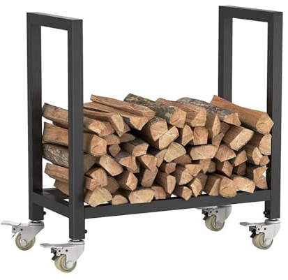 D·Philok Mobile Firewood Rack with Wheels, Indoor Outdoor Rolling Log Holder, Black Metal Frame Wood Storage Cart, 25.6 L x 11.8 D x 26.7 H