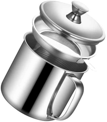 OUNONA Colador de Grasa de Acero Inoxidable 304 con Colador Fino 1.3l para Cocina Doméstica, Recipiente para Aceite Usado con Mango Seguro y Almacenamiento Práctico
