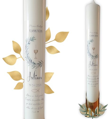 Kommunionkerze personalisiert mit Name & Datum | Eukalyptus Design | Moderne Tauf- Kommunionskerze für Jungen | Geschenk zur Erstkommunion