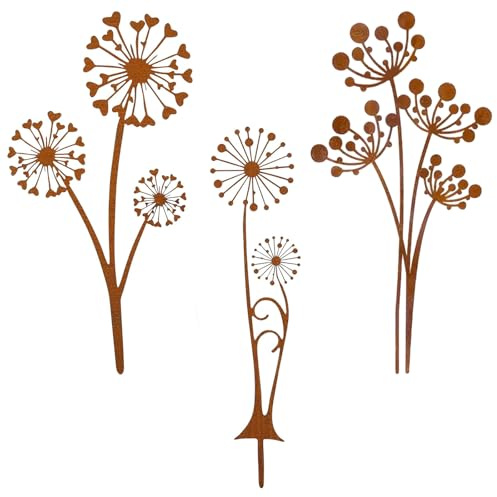 Rusokufo 3 Picchetti Decorativi da Giardino in Metallo Arrugginito, Decorazione Pissenlit in Metallo per Aiuole, Terrazza, Vasi E Decorazione Giardino Esterno