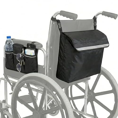 Wheelchair Side Bag, Armrest Storage Pouch with Cup Holder and Reflective Strip Suitable for Most Wheelchair Bag, Waterproof Wheelchair Storage Bags, Walking Carts, and Mobility Walker(Black)