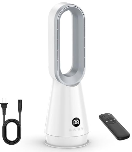 Ventilador de Torre Silencioso, Ventilador sin Aspas con Mando a Distancia, 8 Velocidades, Motor sin Escobillas, Oscilación Horizontal de 80°, Temporizador de 9 Horas, Ideal para Dormitorio, Oficina