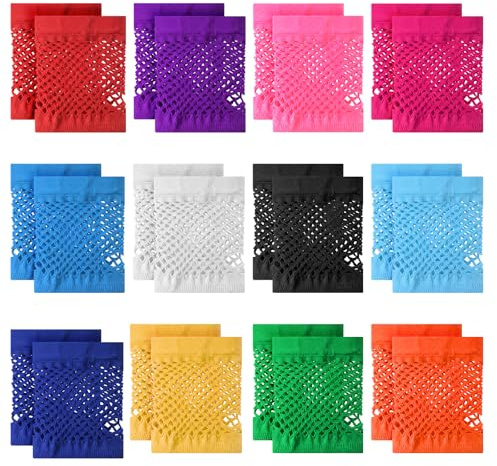JJUNW 12 Pairs Fingerless Fishnet Gloves, 80s 90s Short Neon Mesh Gloves