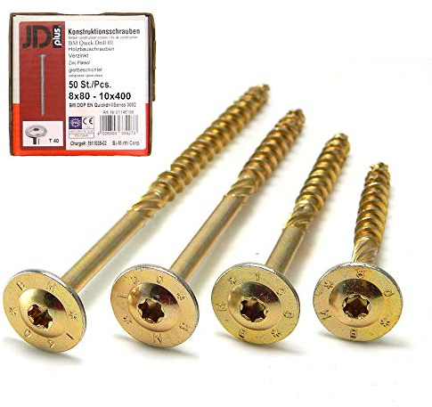 50 Stk. Tellerkopfschrauben 8 x 100 Dresselhaus Torx T40 Konstuktionsschrauben weiss verzinkt ETA Zulassung Holzschrauben Holzbauschrauben Holzkonstruktionsschrauben mit Schaftfräser