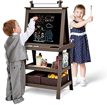 GYMAX Wooden Kids Easel, Double Sided Whiteboard & Chalkboard Painting Easel with Paper Roll, 2 Storage Boxes and 2 Pigment Cups, Art Drawing Board Stand for Children (Coffee)