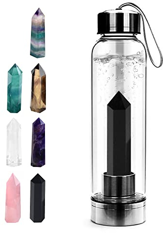 Tyuodna Crystal Water Bottle, Removable Natural Crystal Quartz Glass Water Bottle, Healing Natural Quartz Water Bottle, Portable Proof Leak Gemstone Bottle 550ml (Obsidian+Bottle)