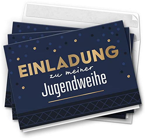 10 Jugendweihe Einladungskarten Jungen - Motiv Blau Modern Gold Look - moderne Einladungen Klappkarten mit Umschlägen