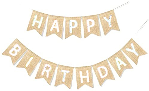 Happy Birthday Geburtstag Sackleinen Banner, perfekte DIY Dekoration Dreieck Flagge Wimpelkette für Babydusche, Geburtstag, Hochzeit, Party und Anderen Feiern (Weiß)
