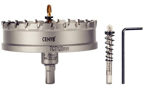 CENYB 4-23/32 Zoll, 120mm Lochsäge Hartmetall-Bohrer mit Wolframkarbidspitzen und 2 Titan-beschichtete Führungsbohrer, geeignet für Hartmetalle und Edelstahl.