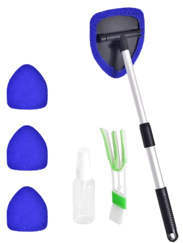 Windshield Cleaner, Car Windshield Cleaning Tool with 3 Reusable and Washable Microfiber Pads and Extendable Handle Microfiber Car Window Cleaner