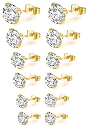 Mochity 3-6 pares Pendientes Acero Inoxidable Mujer, Circoniña Pendientes Brillantes Diamante, Pendiente 14K Oro Plateado, Pendiente Hipoalergenicos Para Mujer Hombre (7 Pares, Oro)