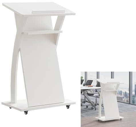 YANBI Rednerpult Tragbarer Podestständer mit 4 Rollen, Holz-Hostess-Stand-Empfangstheke für Klassenzimmerkirchen, Mobiler Rednerpulttisch im Büro, Besprechungsraum (Color : White)