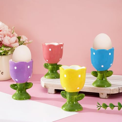 JarThenaAMCS Spring Tulip Ceramic Egg Cup Set of 4 Porcelain Holder Breakfast Boiled Cooking Tools Stable Easy to Clean for Easter Party Dining Time