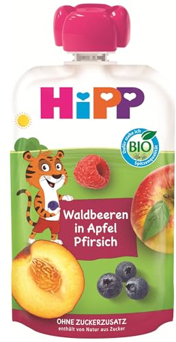 HiPP Bio Quetschie Waldbeeren in Apfel-Pfirsich - Thilo Tiger (8 x 100g), ab 1 Jahr, 100% Fruchtpüree, ohne Zuckerzusatz, vegan, in bester Bio-Qualität