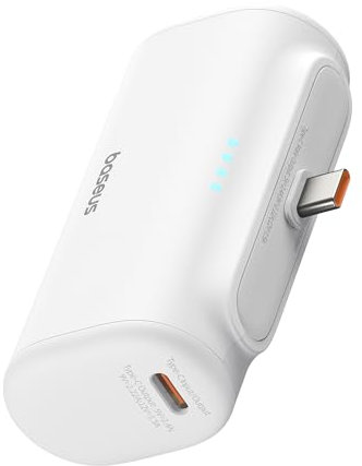 Baseus Power Bank con connettore USB C pieghevole integrato, caricatore portatile 5000mAh 20W per iPhone 15/15 Plus/15 Pro/15 Pro Max, Samsung S22/23 Series (bianco)