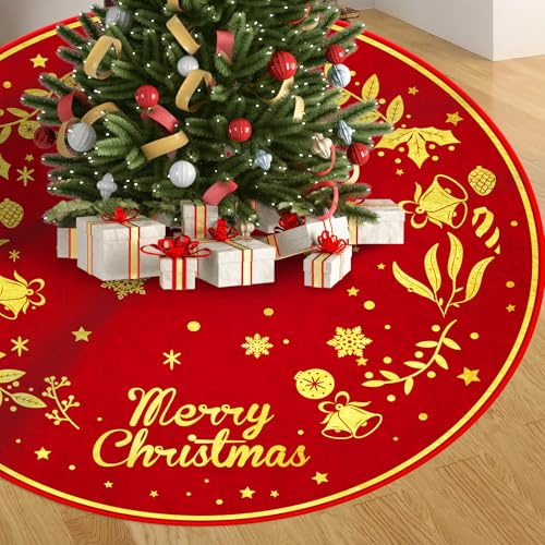Merry Christmas Tree Skirt,48 inches Xmas Tree Decorations Red Gold