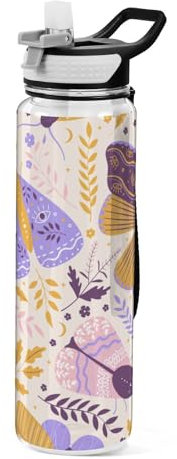 Mnsruu Transparente Sport-Wasserflasche mit Strohhalm, auslaufsichere Trinkflasche, Blumen, Blätter, Zweige, abstrakte Boho-Fahrradflaschen für Sport, Büro, Schule, BPA-freier Tritan-Kunststoff, 1