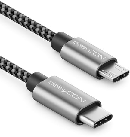 deleyCON 2m Câble Adaptateur USB-C vers Micro USB - Câble de Charge et Données - pour Smartphone, Tablette, Appareil Photo, Chargeur, Notebook, etc. - Noir
