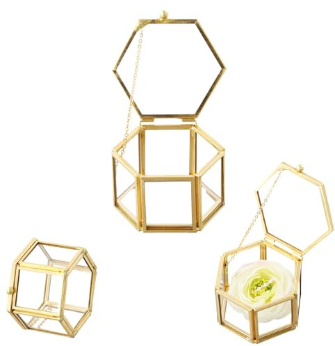 Amexo Schmuckkästchen aus Glas, Ringhalter, transparente goldene Glasringbox, geometrische sechseckige Ringbox, Schmuckkästchen zum Aufbewahren und Präsentieren von Schmuck (Gold)