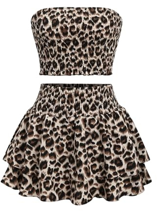 GORGLITTER Women's 2 Piece Party Outfits Leopard Tube Top and Tiered Ruffle Mini Skirt Set Tracksuits Apricot Small