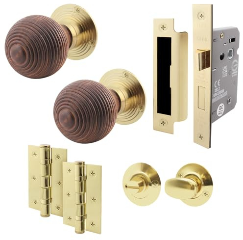 EAI Rosewood Door Knobs with Bathroom Lock 80mm and Hinges, 1 Pack | Complete Bathroom Kit with 1 Pair of Mortice 55mm Door Knobs, 80mm Bathroom Lock, 76mm Hinges, Fixings Included