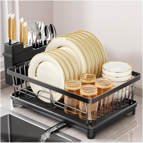 SavvyStor Dish Drainer Rack - Space Saving Dish Rack for Kitchen Counter, Kitchen Dish Drainer with Utensil Holder, Drain Board, Black