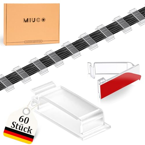 MiuCo 60 Stück kabelklemmen schreibtisch, Stark Kabelhalter Selbstklebend, Kabel Organizer, Kabel Clips für Ethernet Kabel, Indoor, Outdoor, Heim, Büro (Transparent)