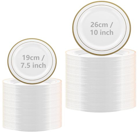 SENENQU Paquete de 50 platos de plástico reutilizables, platos de fiesta de plástico de 17.8 cm/10 pulgadas con borde dorado, platos de cena irrompibles para deshierbar, fiesta de cumpleaños, catering