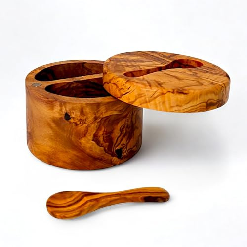 Premium Olive Wood Salt Box with Magnetic Swivel Lid and Spoon – Dual Compartment Salt Cellar for Gourmet Salts, Herbs & Spices – Rustic Handcrafted Kitchen Storage Container