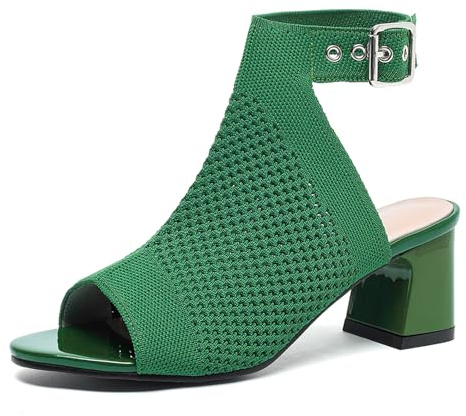 GHIBHNA Women'S Knitted Peep Toe Slingback Chunky Heel Buckle Ankle Boots Summer Breathable Mesh Open Toe Hollow Block Heel Sandals Fashion Work Walking Sandals (green,8.5)