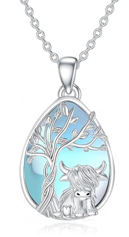 PROESS Chaîne de vache Highland en argent sterling 925 - Pierre de lune - Pendentif arbre de vie - Bijou cadeau pour femme