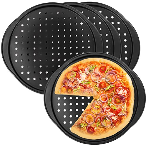 POPETPOP Set Da 4 Teglie Per Pizza Antiaderenti in Acciaio Al Carbonio Con Fori Per Ventilazione, Maniglie Ergonomiche, Teglie Rotonde Per Forno Domestico e Professionale