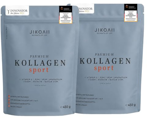 JIKOAII® Kollagen Pulver Sport, Kreatin Magnesium MSM, 450 g, Lemon | Vitamin C, Collagen Peptide Typ I II III aus Weiderind, Kreatin Magnesium MSM, für aktive Menschen, Training & Regeneration