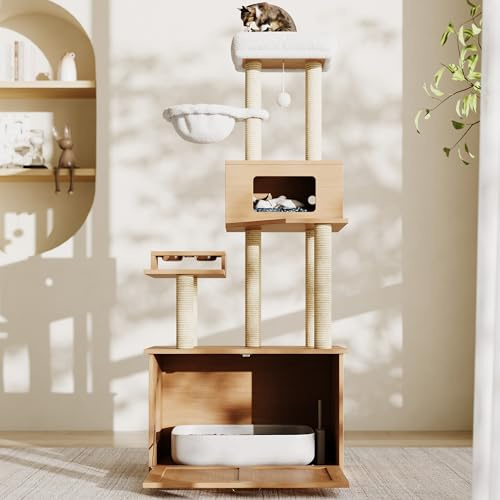 Rascador para gatos, moderno torre para gatos de casa, con plataforma grande, comedero y 1 hamaca, mueble todo en uno, color nogal, 80 x 50 x 173 cm