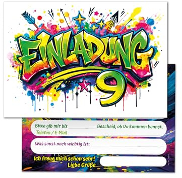 Junaversum 12 Einladungskarten zum 9. Kindergeburtstag Kinder Graffiti Mädchen Junge coole bunte Einladungen neunte Geburtstag Geburtstagseinladungen Kids