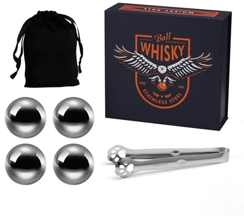 Stainless Steel Whiskey Ice Balls, Whiskey Stones, Set of 4 Reusable Metal Ice Cubes for Chilling Whiskey & Beverages - Gift Set for Men