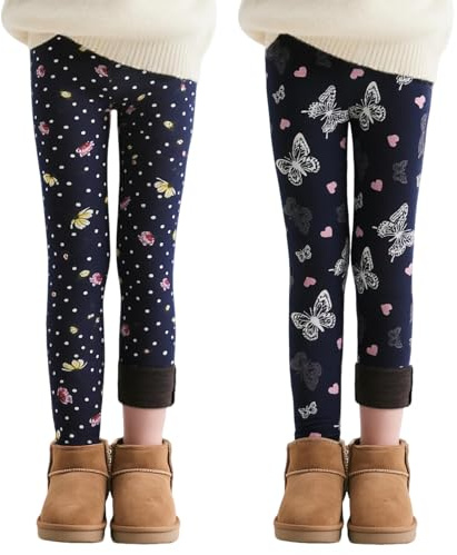 JinBei termoleggings flickor fleecefodrade vintertermoleggings tryckta tjockare varma barnleggings 2-pack mjuka termobyxor bekväma elastiska midjeband, långa byxor, storlek 104-158, Fjärilar och