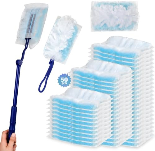 Aurinovellia Kit de 52 Piezas Plumero Atrapapolvo, Plumero Antiestático con 1 Manillar Corto y 1 Manillar Telescópico, Microfibras Atrapapolvo, para Limpiar Persianas, Animales Azul 18,5×11,5 cm