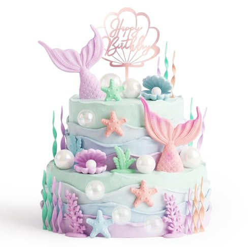 28PCS Mermaid Cake Topper Set,Under the Sea Cake Decorations Seashell Cakes decorations with Mermaid Tails Starfish Seashell Coral Seaweed for Ocean Theme Birthday Party Cakes Cupcake Decor (Mermaid)